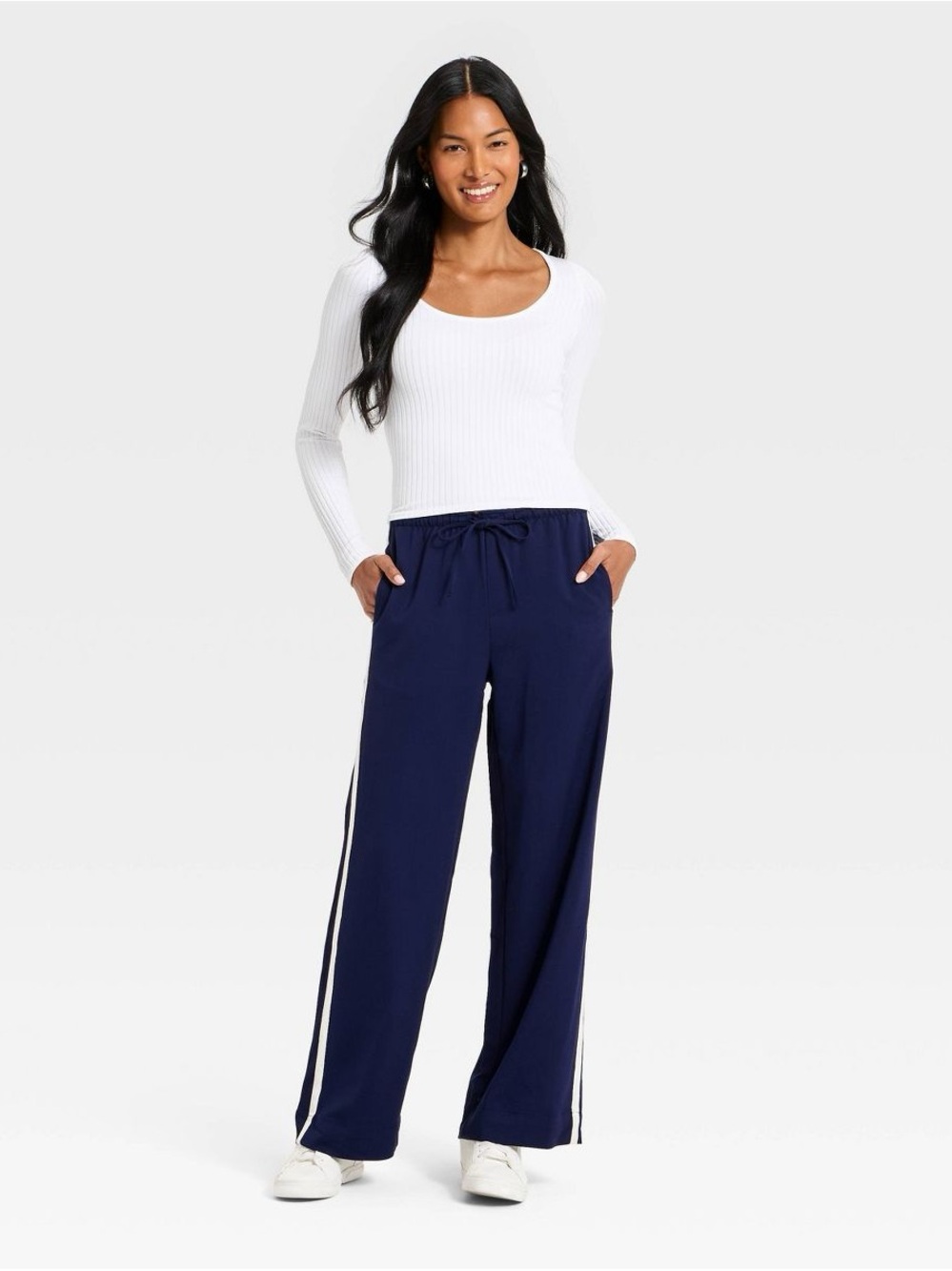 A New Day Navy Blue White Side Stripe Wide Leg Pants Size M NWT